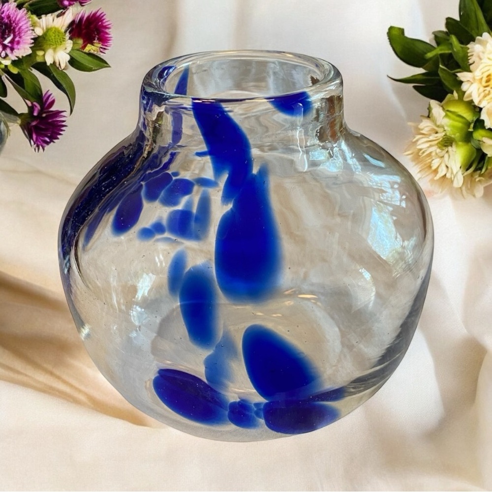 Vintage Murano Italian Art Glass Bud Vase Blue Clear Stout Hand Blown Heavy Pont
